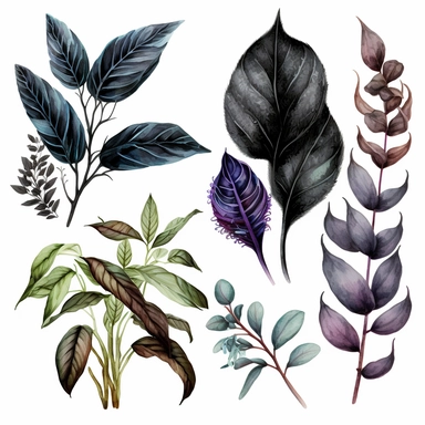 Dark academic plants, white background, watercolor, hyperrealism, high detail, separate elements, set, clipart