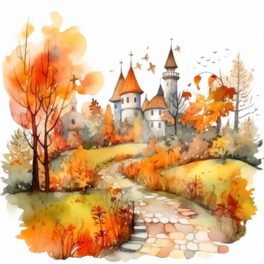 the garden in autumn leaves season, watercolor in medieval cartoon grunge style clipart on white background