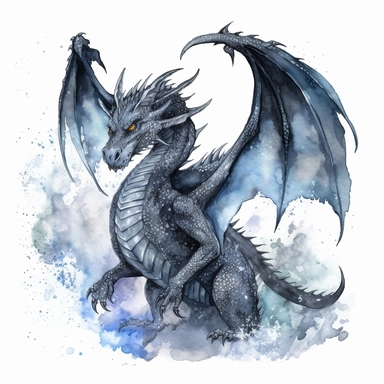 Fantasy magic black Dragon Watercolor Clipart, white background