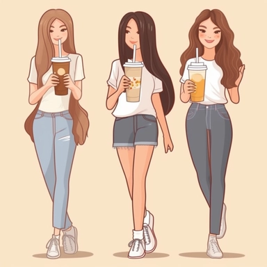 Clipart of three bestfriends, cute, girlfriends, walking side by side, facing backward, each with a different long hairstyle, wearing fitted white tshirts and white sneakers, holding up iced coffees, happy, isolated on a transparent background