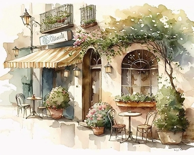 Clipart, Watercolor painting, coffee shop, As the gentle breeze carries the faint scent of freshly brewed coffee, you find yourself captivated by the scene before you. Nestled among a quaint street lined with charming buildings, a picturesque cafe comes into view. The outdoor seating area beckons with its rustic charm, adorned with wrought-iron chairs and tables adorned with vibrant potted flowers. The centerpiece of the cafe is an intriguing structure, an architectural marvel that combines clas