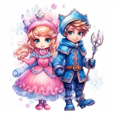 Cute pink snow Princess and blue prince Sublimation Clipart, Illustration clipart, 4K, extremely detailed Sublimation Clipart,Cartoon,hyper realistic, intricate detail, illustration style,high solution,on the white background