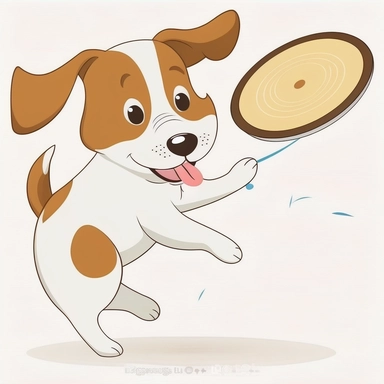 simple clipart puppy playing with a frisbee, white background.