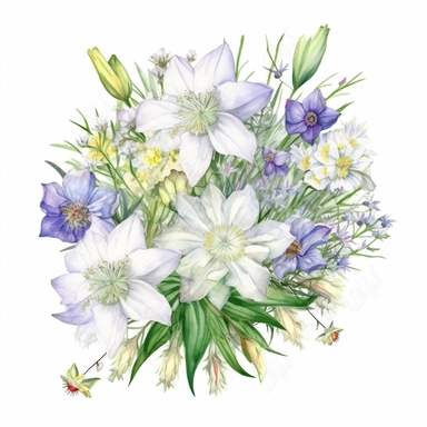 Edelweiss and Eustoma Ensemble Watercolor Art, Beautiful Realistic Clipart, Vibrant Colors, Creative Artistic, Emotional, Detailed, Isolated white background