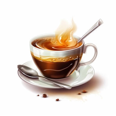 illustration of a cup of coffee, crisp, add embeliishments like tables spoons steam, beautiful, artistic, coffee, clipart, isolated on white background