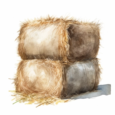 realistic watercolor drawing of a bale of hay on a cotton field, on a white background where the background will be removed to repurpose as a clipart.