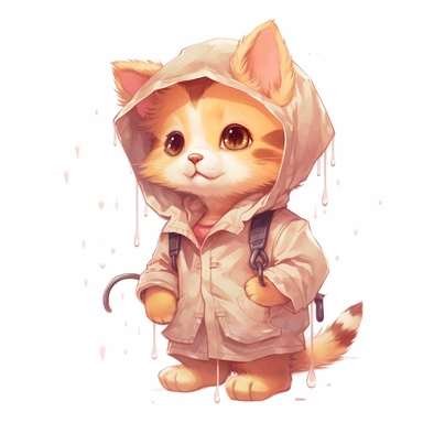 anime 300 dpi white background clipart A kitten wearing a tiny raincoat, with raindrops bouncing off it.