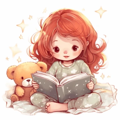 Baby Girl with red hair Clipart hugging her teddy bears pooh bear style, and reading a nighttime story in her bed, making sure bears have two eyes, in the right place,cute nursery clipart, clip art, baby girl nursery