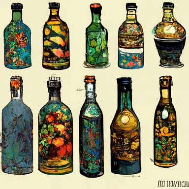 various bottles of alcohol, clipart, style of Mikhail Vrubel