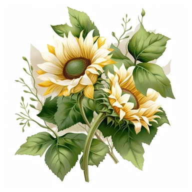 two branches of white sunflowers clipart, in the style of combining natural and man-made elements, oil painting, light brown and leafy green, realistic brushwork, white background, decorative, cheerful, sunny, summery