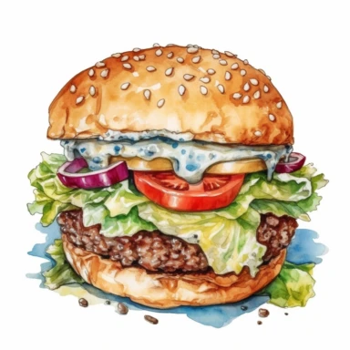 Blue Cheese Burger Ground beef, salt and pepper, blue cheese, lettuce, tomato, onion, mayonnaise, brioche bun ,clipart water color, white background, 8k