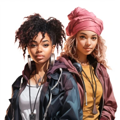 realistic illustration of two african american girls in their twenties. modern look, accesories, new look hairstyle, clothes in black and other intensive colors (for example purply, pink, turquoise, blue, yellow), clipart, isolated on white background, 4K