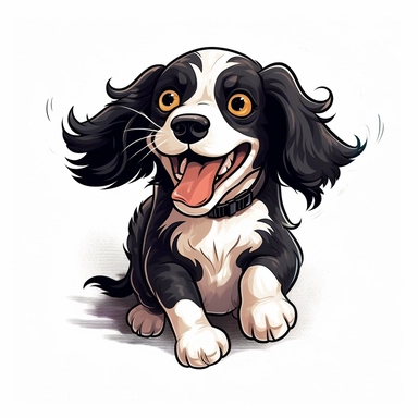 A hand-made clipart of a CUTE spaniel in a playful pose, with tongue out, white background, joyful, energetic, playful, colors of white and black, hand-drawn, vector art, cute and quirky, Adobe Illustrator, hand-drawn, soft lighting, retro aesthetic, focused on the character, 4K resolution, photorealistic rendering.