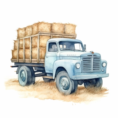 side view realistic watercolor drawing of bales of hay on a vintage light blue truck on a farm, on a white background where the background will be removed to repurpose as a clipart.