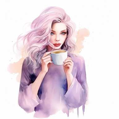 girl drinking coffee, in the style of watercolor illustrations, pink and gold, soft lilac, serenity and harmony, various stroke techniques, on white background, clipart