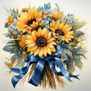 bouquet sunflowers wrapped in blue ribbon, in the style of photo realistic and hyper-detailed watercolor, sketchfab, ahmed morsi, realistic watercolor, use of common materials, handcrafted designs, clipart with white background