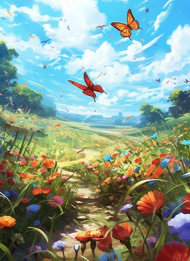butterflies on a flower field, in the style of 2d game art, nostalgic paintings, 32k uhd, colorful dreamy watercolor scenes, adventure pulp, classical, historical genre scenes, rough-edged 2d animation, watercolor clipart