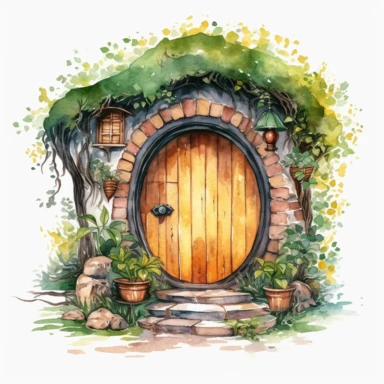 watercolor hobbit door clipart, white background