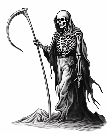 a drawing of a skeleton wielding a metal scythe, 1880–1950, epic fantasy scenes, witchcore, in the style of 15th century, clipart, medievalist, biblical art