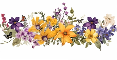 Pressed boho cottagecore floral clipart violet, honeysuckle, black-eyed susan, wild rose and orchids floral border wildflowers with green foliages floral nature garden border, clipart with white background