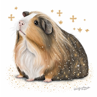 happy long haired guinea pig at Christmas time, cartoon, glitter, stars, snowflakes, watercolor, white background, clipart