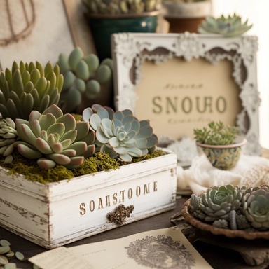 succulents are displayed at a tabletop setting along with empty succulent crate boxes. a workshop is taking place so there is soil, moss, and succulent clippings decorated on a white lace tablecloth, in the style of intricately sculpted, rustic americana, ceramic, muted hues, hand-painted details , above the tabletop is a sunny gallery wall of vintage ornate frames in different shapes sizes and textures , plant hangers hanging plants hanging vines hanging , in the style of made of beads and yarn