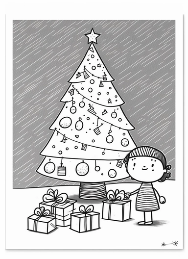line art, black and white, christmas tree with presents, decorations, happy scene, cartoon sketch, coloring page for kids, coloring page for children, thick lines, realistic, drawing, printable outlined art, crisp lines, No background, clip art, hand drawn, No shadows, drawing, No gray, no shades, high contrast. The line art should be clean and crisp, with uniform thickness and minimal shading, to provide a user - friendly coloring experience.