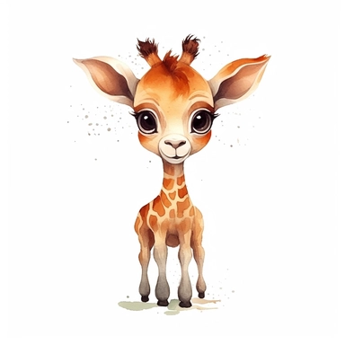 Cute baby giraf character, watercolor style, vector, clipart, on a solid white background, completely isolated, full shot, centered, high quality, sharpness, uhd image
