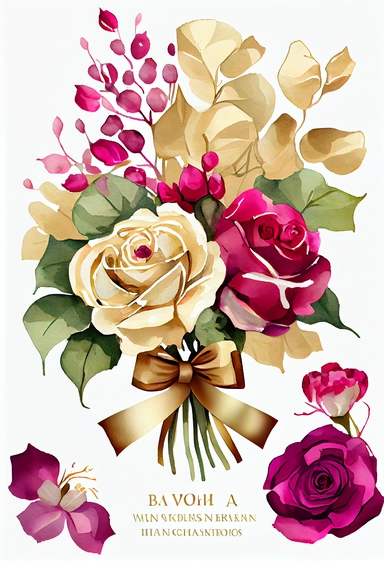 Roses bouquet Fuchsia and cream, gold bow in the bouquet, Watercolor Clipart