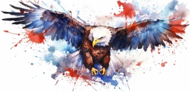 Watercolor American eagle, American Flag, double exposure, integrated, red white and blue, unreal engine, splashed, clipart, white background