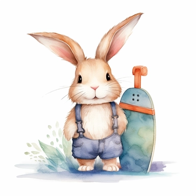 Watercolour cute little bunny surfboard clipart, 1st day of school feeling, warm, white background