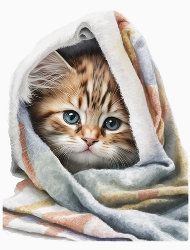 baby cat in a blanket, watercolor clipart, transparent background