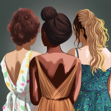 clipart of three adult best friends, friends forever, different ethnicities, party girls, back facing, glam fashion, illustration, closeup