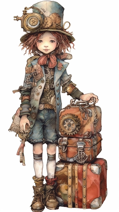 watercolor steampunk girl entire body and steampunk boy entire body with a steampunk suitcase by her side and holding a cute steampunk doll in her arms, illustration clipart by holly hobbie and mary engelbreit