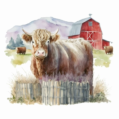 Highland Longhair Cow standing on a hay bale, with a red barn in the background, Watercolor, Clipart, sweet, cute, transparent background PNG