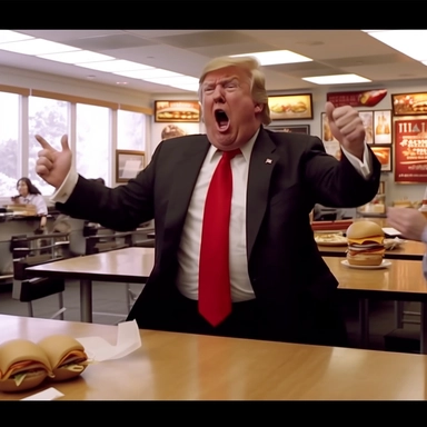 Donald trump throwing a cheeseburger at a fast food worker, angry, rage, video clip, photo
