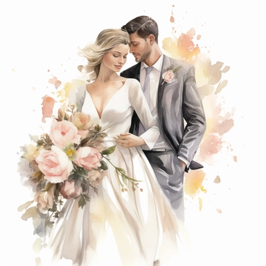 beautiful watercolor fun, happy and cute photorealistic white wedding couple, whole body, decorated in big pastel and light colors flowers in the style of aquarelist, wedding illustrations award winner, wedding clipart, 8k, white background, intricate details illustrations very detailed, uhd exquisite clothing detail, rimel neffati