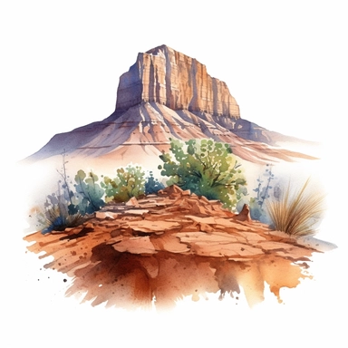 Hyperrealistic watercolor mesa and butte clipart in desert with some small shrubs in sight