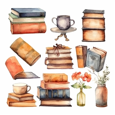 World book day hand drawn watercolor clipart set. Library books collection