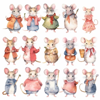 Watercolor Mouse in Dress, 25 Cute Mice Clipart, Animal Digital Prints