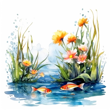 clipart, isolated on white background, Watercolor Spring pond with swimming fish and flowers, ornated, vivid and vibrant and saturated colors