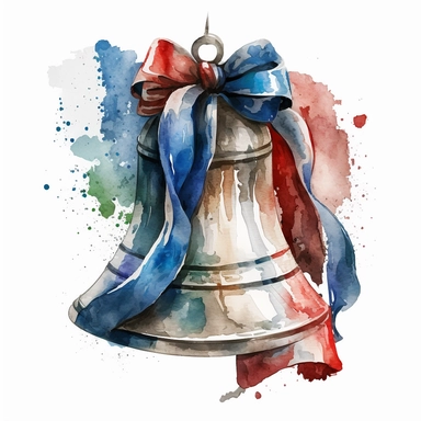 A clipart of the Liberty Bell with a red, white, and blue ribbon, Watercolor, Clipart, transparent background PNG