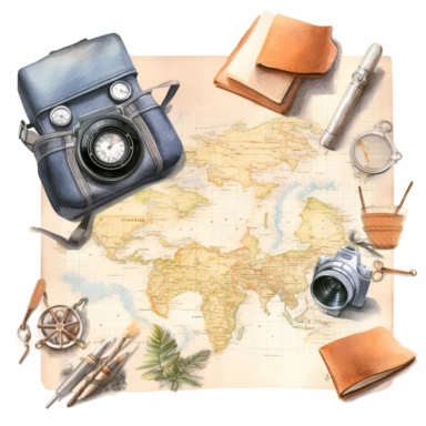 watercolour, travel theme, map, journal, soft and muted nuances, high quality detail, clipart, 8k, f1