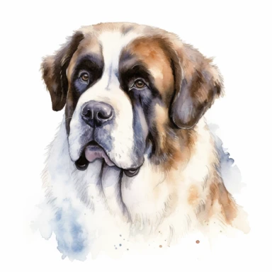 close up high detailed, Hand drawn watercolor clipart of a cute St. Bernard hunting, on a white background