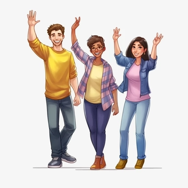watercolor, Group of happy people standing together, waving and inviting new customers, colleagues. The concept of a happy multiethnic team welcomes newcomers. png Full body realistic cartoon in 32K UHD cute. 15 cm thick outline. Black color. There was no shadow on the ground. 8k with realistic watercolors and detailed illustrations. PNG clipart, transparent white background