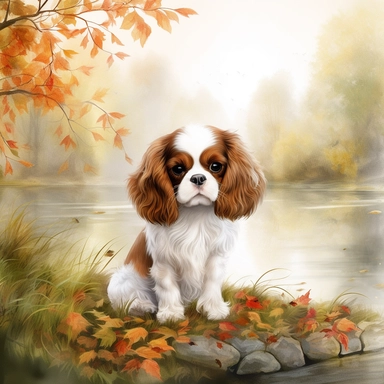 create a beautiful original high quality highly detailed watercolor clipart image of a very small happy and adorable king charles cavalier puppysurrounded by trees and a lake in the backdrop in a autumn setting, include high detail to the puppys fur and eyes, include fall colors, white background, no text, no font, no words