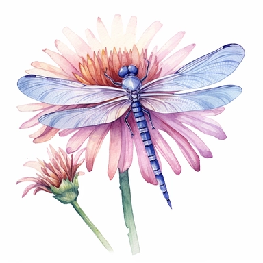 a watercolor clipart of a dragonfly on a flowe