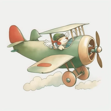 a whimsical illustration of Retro Airplane Clipart, featuring a classic plane flying, by Beatrix Potter, white background