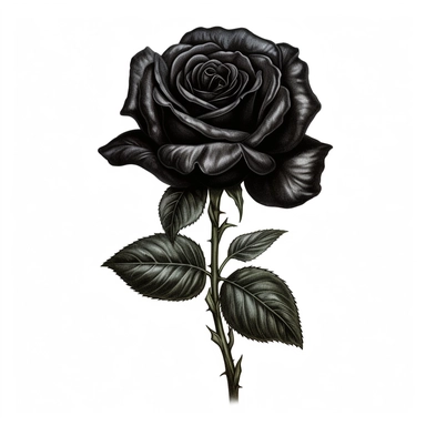 Black rose clipart on a white background: This is a meticulously illustrated clipart of a black rose. The rose itself is a deep, shadowy black, blooming in full splendor. Attached to its green stem, give it a more realistic and intricate look. The contrast against the pure white background highlights the details of the rose. Perfect for a variety of design uses. Create in a 1:1 aspect ratio