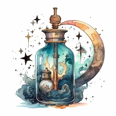 clipart watercolor creepy glass ink bottle and quill pen with crescent moon and stars, fantasy, detailed, white background, illustration painting, collaged constructions, digital art, in the style of sculptural and geometric, forced perspective drawings, Geometric brushstrokes form an intriguingly abstract, painterly figure